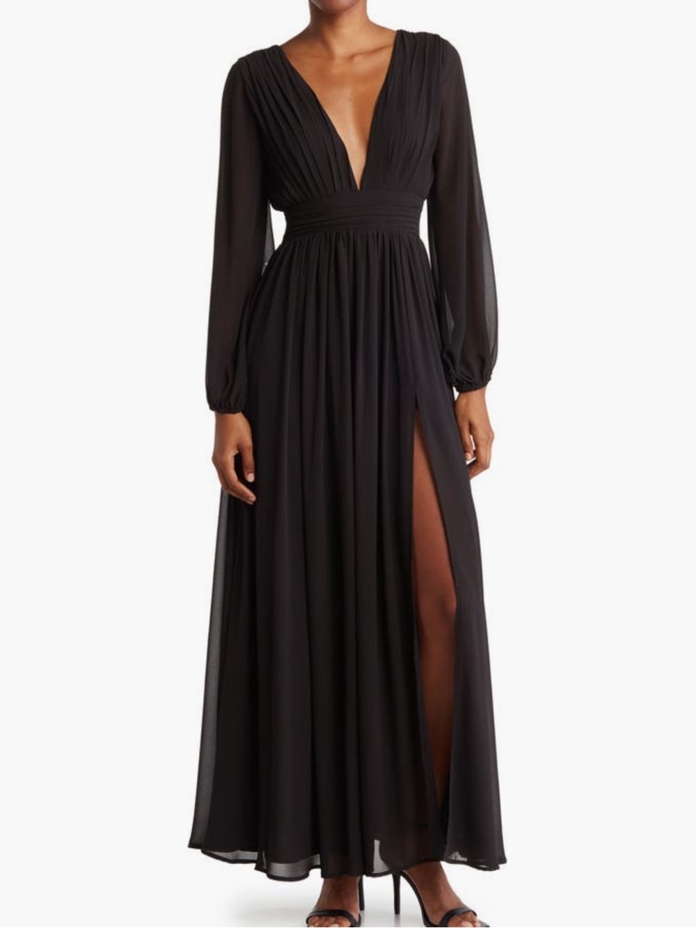 Love By Design Iris Black Plunge Neck Maxi Dress NWT Medium Long Sleeve Formal